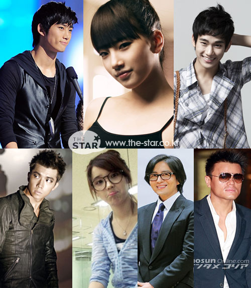 사진 : (상단 왼쪽부터) 2PM 택연, 미쓰에이 수지, 김수현, 2PM 우영, 아이유, 배용준, 박진영