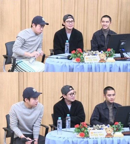 사진: (왼쪽부터) 김동영 신하균 도경수 / '두시탈출 컬투쇼' 방송 캡처