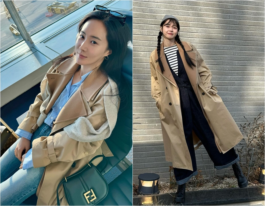 소녀시대 유리VS권나라, 같은 옷 다른느낌…트렌치코트 활용한 봄코디 스타일링