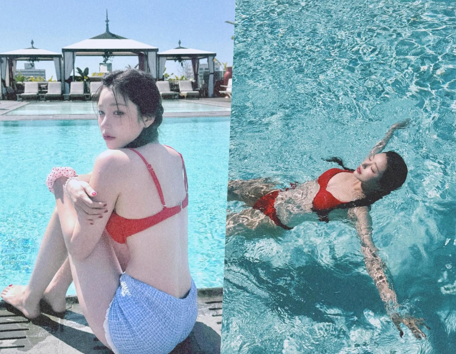 '려욱♥' 아리, 강렬한 레드 비키니에 글래머 자태…LA 햇살보다 핫해