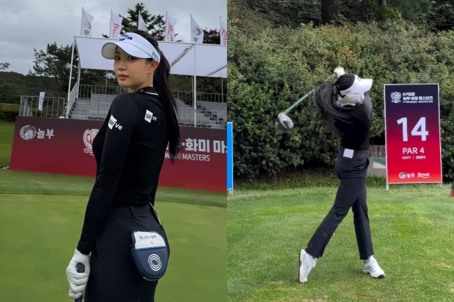 '미녀골퍼' 유현주, 꽁꽁 숨겨도 도드라지는 육감적 S라인…물오른 미모