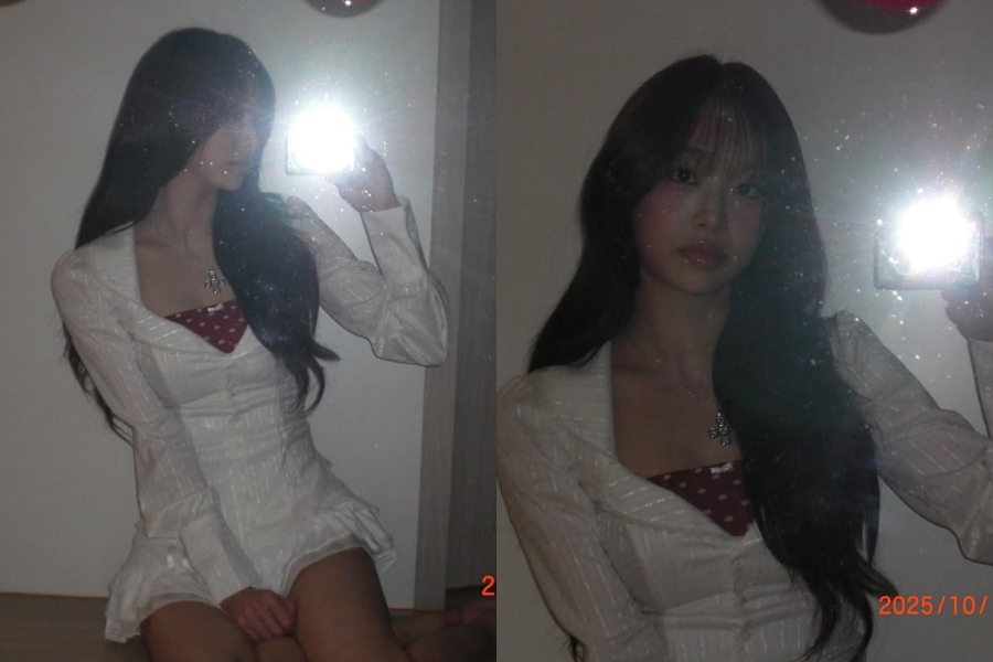 츄, 다리 사이 노출 신경 쓰였나 손으로 가리고 셀카…여리여리 몽환 요정