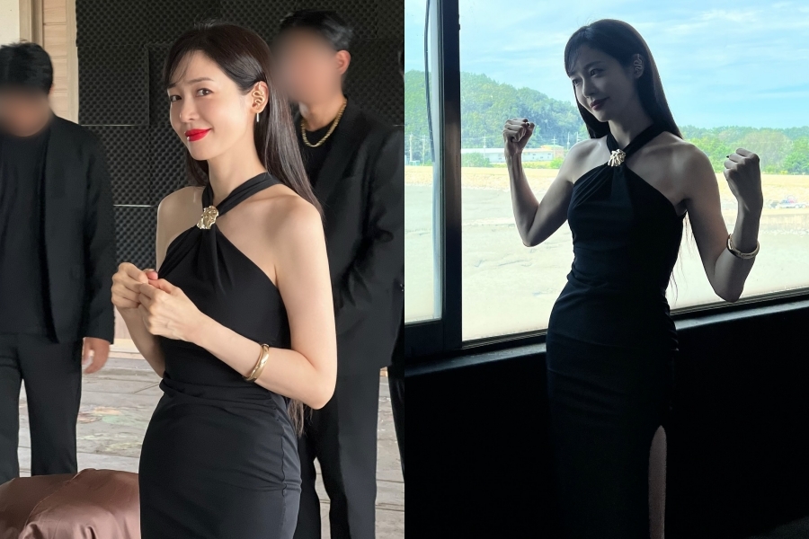 성유리, 한쪽 허벅지 확 트인 홀터넥 드레스…불끈 손 쥐고 섹시미 자랑