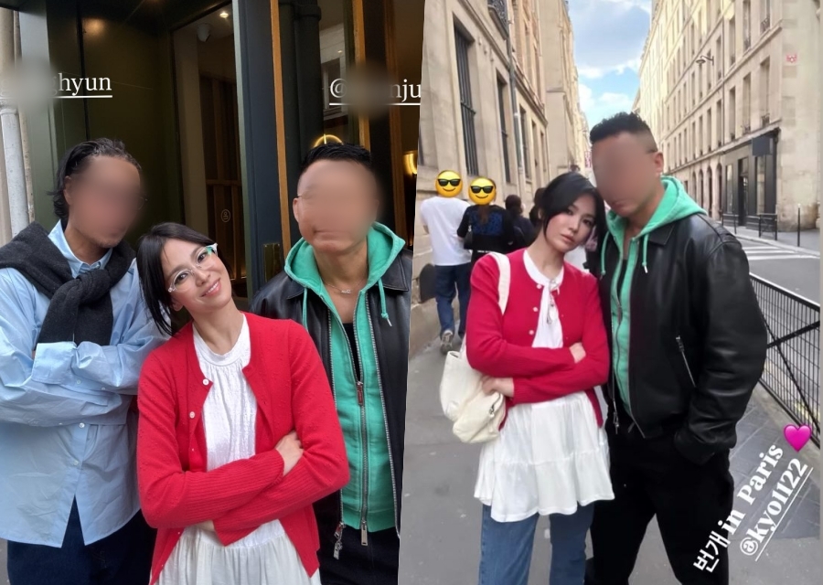 송혜교, 파리에서 두 남사친 만났네…안경까지 손민수 하고픈 꾸안꾸 패션