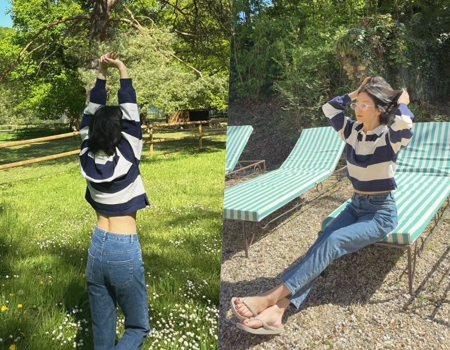 송혜교, 크롭티 입고 쭉 기지개…한줌 허리에 '깜짝'